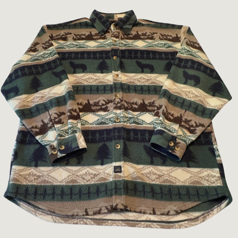 Colorado Fleece Shirt Green Wolf Moose Nature Print Vintage Large Gorpcore